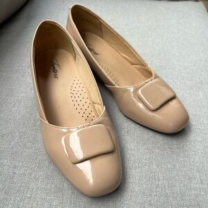 Trotters Tan Flats with Square Buckle Detail